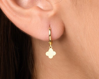 Small Hoop Earrings Clover Flower Charm Drop Hoops Nature Lover Gift