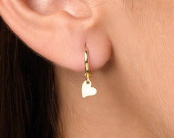 Gold Dangle charm Huggie earring, Mini Heart Hoops Earrings, Small Minimalist Earrings, Dainty Hoop Earrings, Heart Earrings