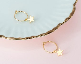 Tiny 14k Yellow Gold Plated - 925 Sterling Silver Hoop Earrings With a Star Pendant. Wire Hoops, Hypoallergenic Everyday Earrings For Women
