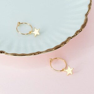 Tiny 14k Yellow Gold Plated - 925 Sterling Silver Hoop Earrings With a Star Pendant. Wire Hoops, Hypoallergenic Everyday Earrings For Women