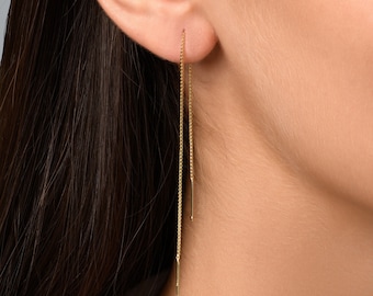 Dainty Bar Chain Threader Earrings, Gold Chain Earrings, Tiny Threader Earrings, Silver Chain Earrings, Minimalist Long Ear Threader