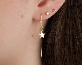 Chain Earrings, Tiny Gold Threader Earrings, Dangle & Drop Earrings, Tiny Rhombus Cat Butterfly Clover North Star Evil eye earrings
