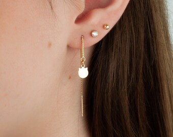 Long Chain Earring, Tiny Gold Threader Earrings, Dangle & Drop Earrings, Tiny Rhombus Cat Butterfly Clover North Star Evil eye earrings