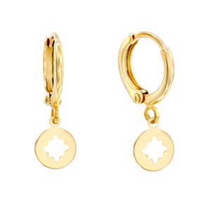 Sailor Star Hoops, Gold Coin Charm Earrings, Tiny Ear Huggers, Dainty Earrings, Everyday Jewelry