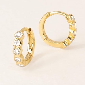 14K Gold Plated Huggie Earrings, Cubic Zirconia Bezel Hoop