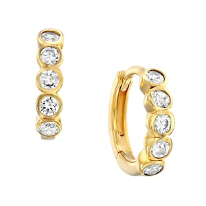 14K Gold Plated Huggie Earrings: Cubic Zirconia Bezel Hoop