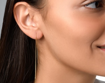 Vergulde oorbellen met lange ketting voor dubbele piercing