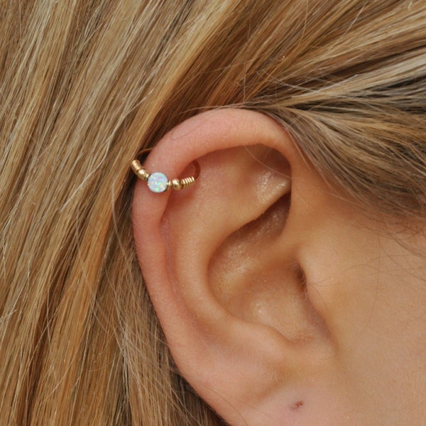 White Opal Cartilage Earring - Gold Cartilage Hoop - Cartilage Piercing - Hex Piercing - 20-22 Gauge - 8-12mm Inner Diameter