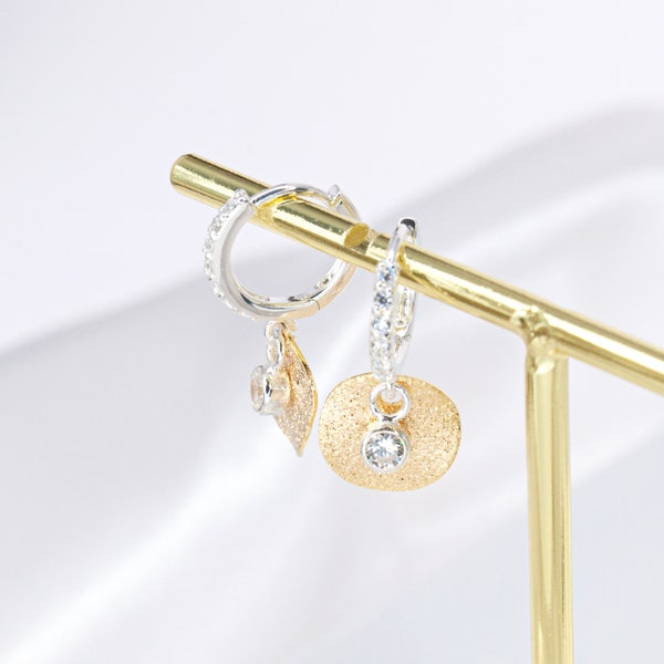 Gold Circle Round Drop Earrings CZ in Silver/Gold, Charm Coin Dangle Hoop Earrings for Women, Clasp Closure, Gift For Her, Dainty Earrings