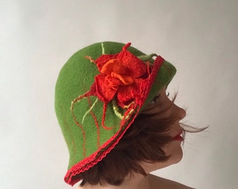 Green Sauna hat with fowers, fedora hat, felted hat, wool hat with doble lace for sauna, woman's hat