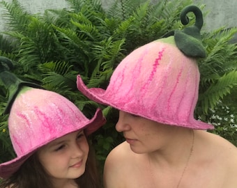 Pink Calla sauna hats set for mother and daughter with a curly tails, felted women hats, overheating protection