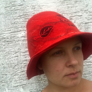 Sauna hat red felted wool hat handmade Felt hat unisex hat Gift for Him & Her sauna Accessories