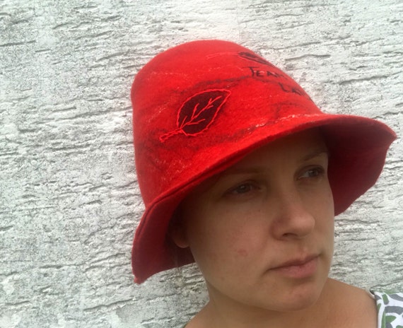 Sauna Hat Red Felted Wool Hat Handmade 