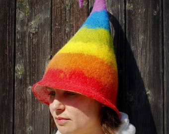 Cappello da sauna in lana arcobaleno, stile elfo fatato