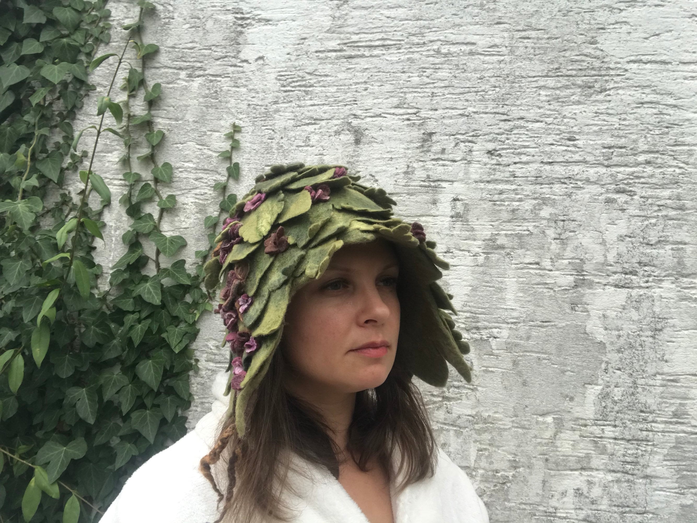 Sauna Hat, Fairy Tale Felted Wool Hat for Woman, Green 