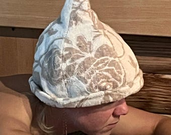 Chapeau de sauna en tissu éponge : mélange de lin et de coton avec ornement floral