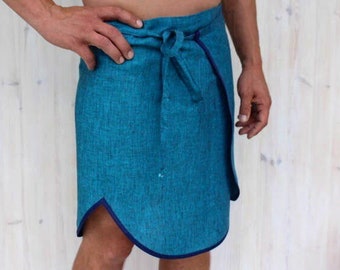 Turquoise Sauna linnen rok voor heren, linnen saunaomslagdoek voor heren, badrok, linnen handdoek, wellnessomslagdoek