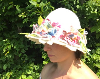 Sauna hat for woman Felted Merino wool felted Flowers