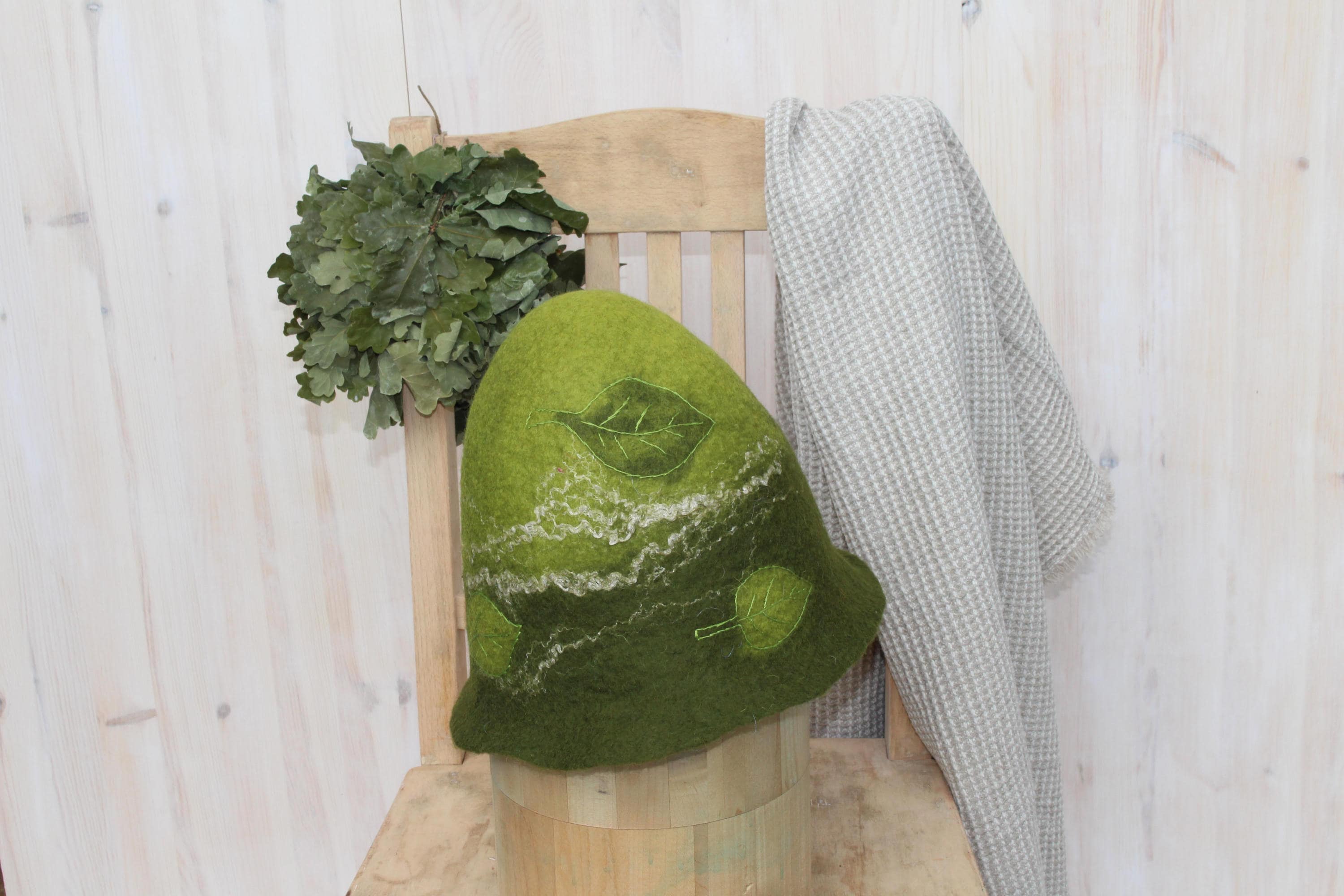 Wool Sauna Hat Handmade Felted Forest Hat Boho Witchy Vibes  Small/child size Sauna Hat, Fairy Tale Felted Wool Hat for Woman, Green  main image 3