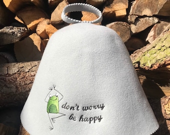 Saunamütze "Be happy" Kundenfarben Geschenk für Saunaliebhaber