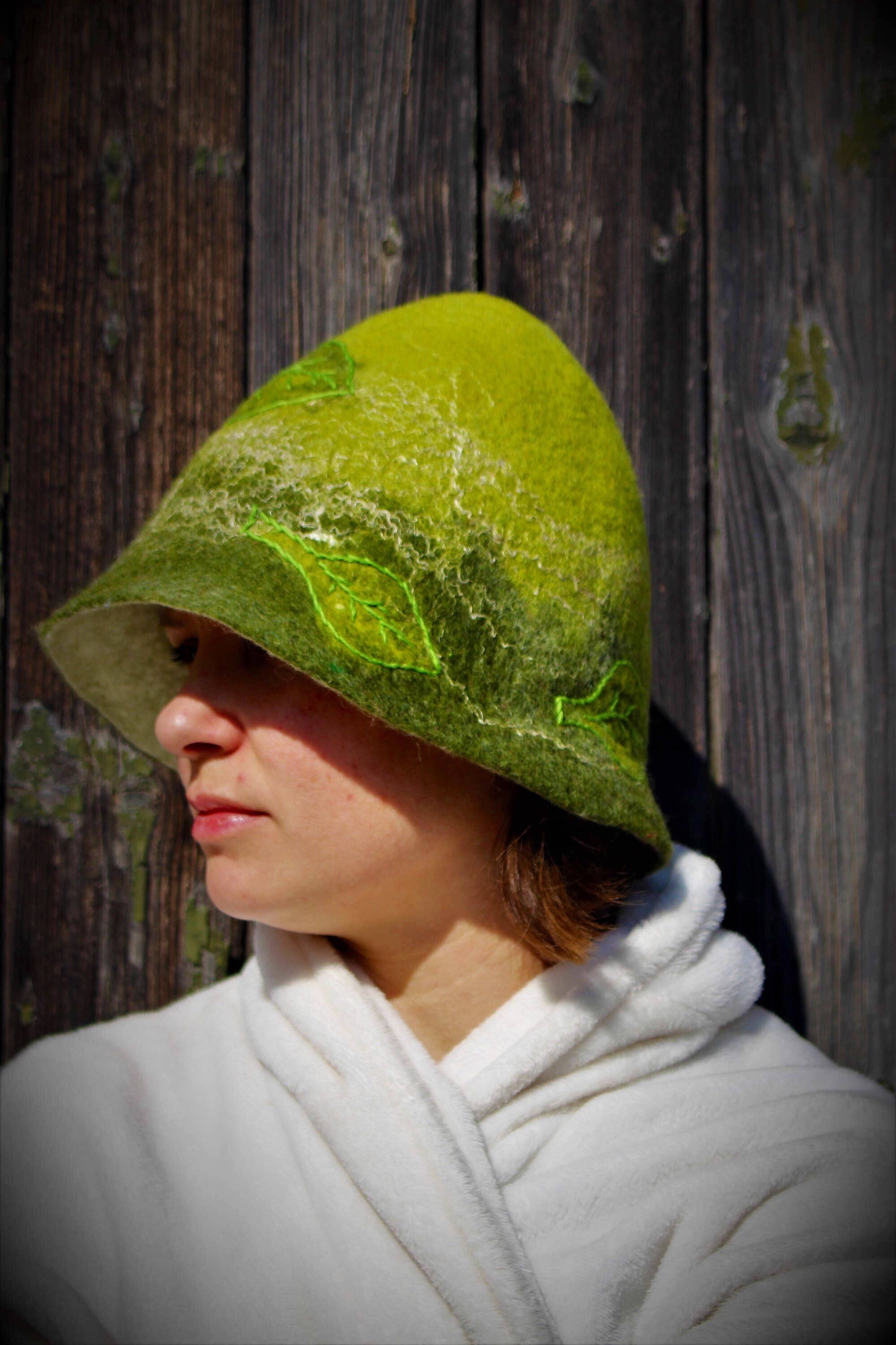 Wool Sauna Hat Handmade Felted Forest Hat Boho Witchy Vibes  Small/child size Sauna Hat, Fairy Tale Felted Wool Hat for Woman, Green  main image 2