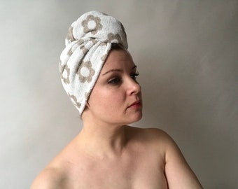 Terry hair drying turban, woman sauna hat, bath cap from linen and cotton for sauna