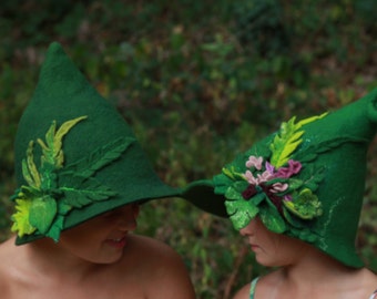 Felted elven sauna hats set, felted fairy hats for sauna,  wool hat, Green woodland sauna hats set, gift for sauna lover