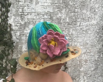 Fairy tale sauna hat, water fee hat, sea underwater hat, water witch hat, felted hat, costume hat, hat with amber