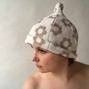 Terry woman sauna hat, hat from linen and cotton for sauna with flowers ornament