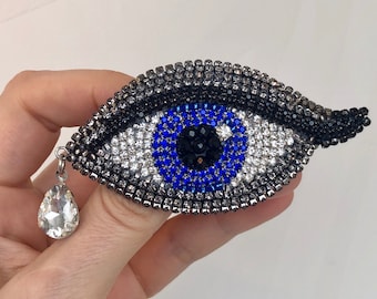 Blue evil eye brooch Crystal embroidered eye Protection jewelry Valentines day gift