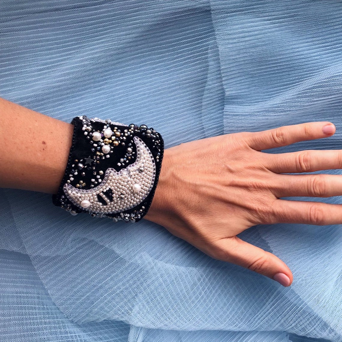 Handmade Moon Star cuff bracelet Bead embroidered wristband Etsy