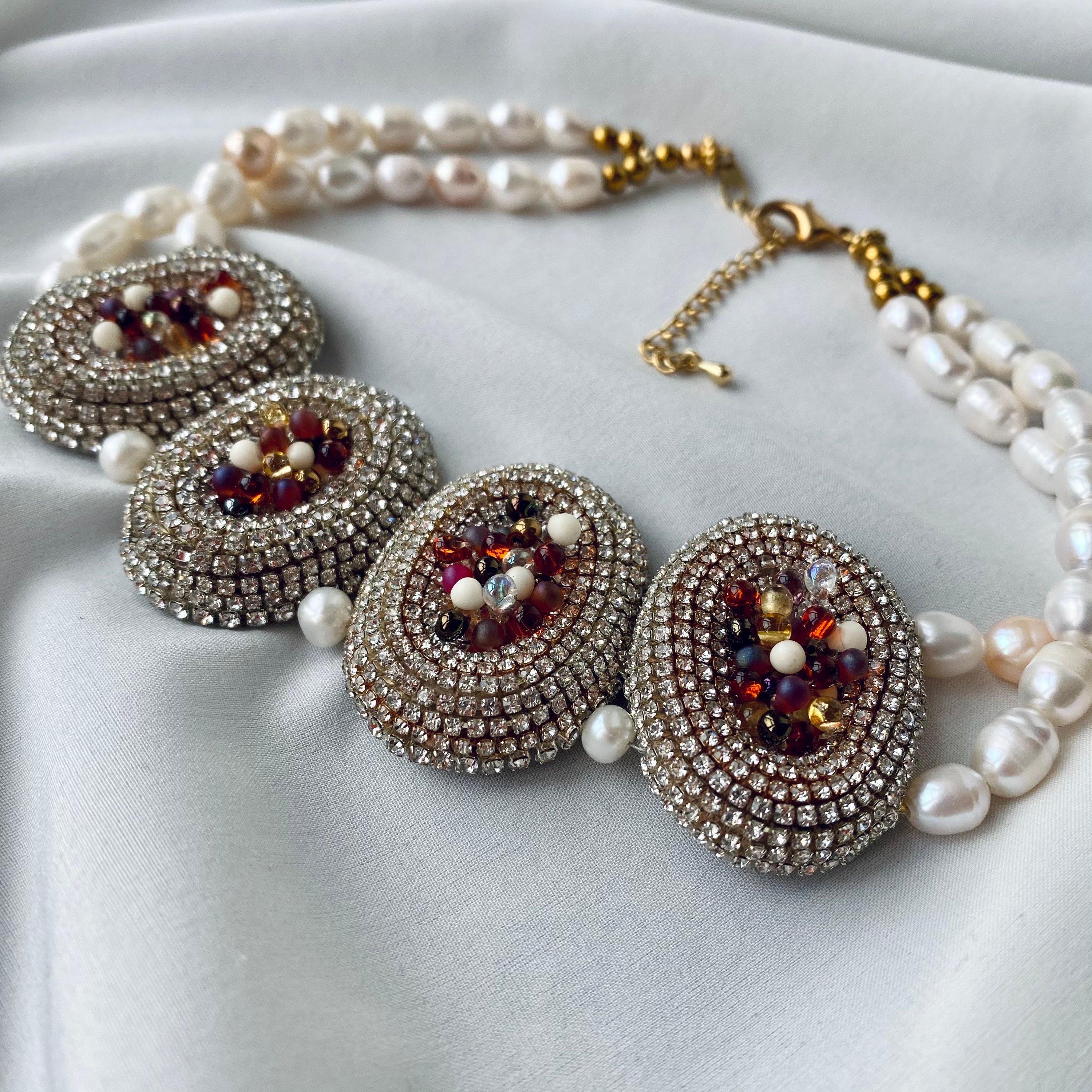 Regency necklace Bead embroidered festoon necklace Rhinestone | Etsy
