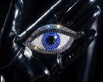 Blue Evil Eye Brooch with Crystals and Japanese Seed Beads, Hand Embroidered Protection Pin, Luxury Statement Jewelry Gift