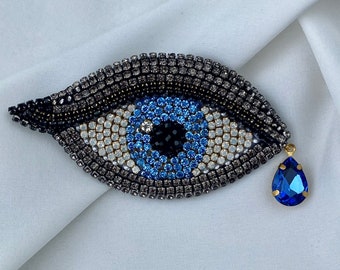 Blue evil eye brooch Crystal embroidered eye jewelry gift Protection talisman Valentines day gift