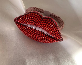 Red lips hair tie Crystal embroidered pony tail holder Make up artist gift
