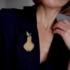 Handmade Beaded Pear Brooch Unique gift for Mom, Embroidered jewelry pin, Nature inspired accessory, Elegant outfit Detail