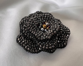 Black flower brooch Crystal embroidered rhinestone pin OOAK Floral jewelry gift for women
