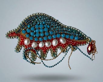 Hand-Embroidered Ocean Shell Brooch, Pearl and Crystal Pin, OOAK for Ocean Lover