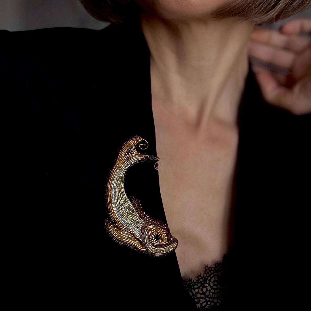 Gold Work Fish Goldwork Fish Brooch – Hand Embroidered Pisces Pin, Luxury Art Jewelry ...