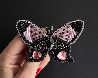 Bead Embroidered Butterfly Brooch: Pink & Black Insect Jewelry Pin
