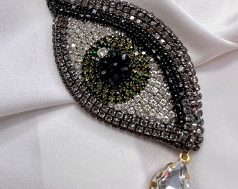 Green evil eye brooch Crystal embroidered Luck and Protection statement jewelry Valentines day gift
