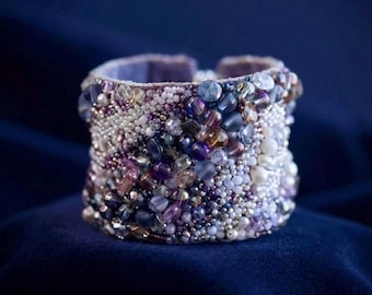 OOAK Beaded Cuff Bracelet – Gemstone Couture Statement, High End Collector Art Jewelry