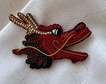 Red dragon brooch pin, Chinese new year, Mascot jewelry gift, crystal embroidered, OOAK jewelry gift