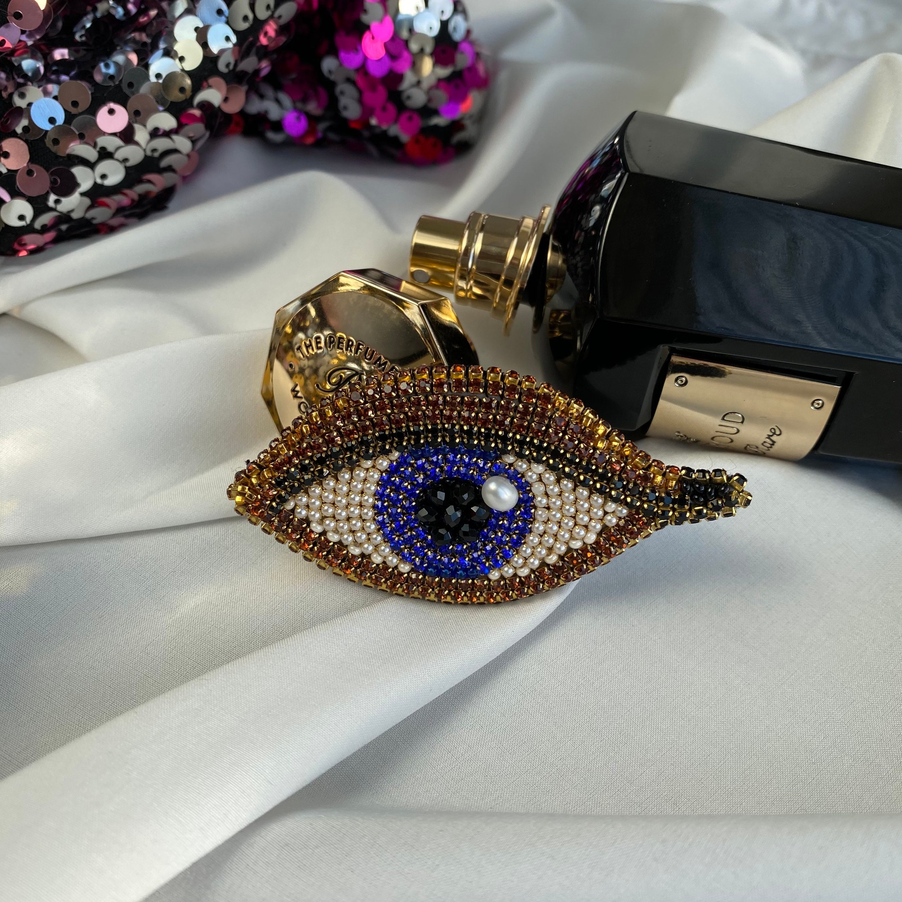 Evil eye blue brooch crystal Kabbalah lapel pin with pearl Etsy