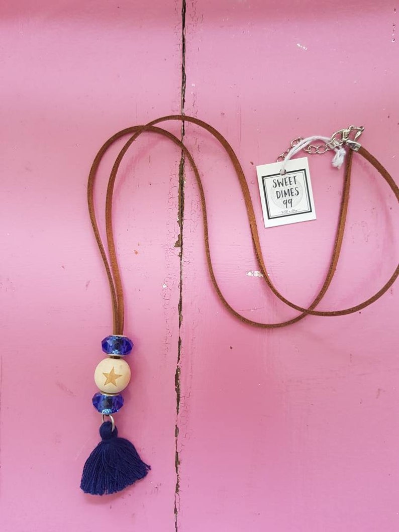Essential Oil Wood Bead Pendant Necklaces with navy tassel FREE AUS POSTAGE