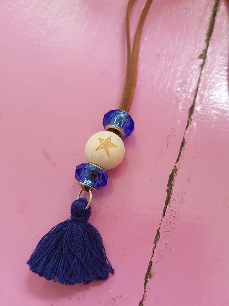 Essential Oil Wood Bead Pendant Necklaces with navy tassel FREE AUS POSTAGE