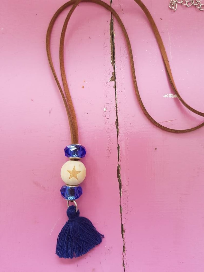 Essential Oil Wood Bead Pendant Necklaces with navy tassel FREE AUS POSTAGE
