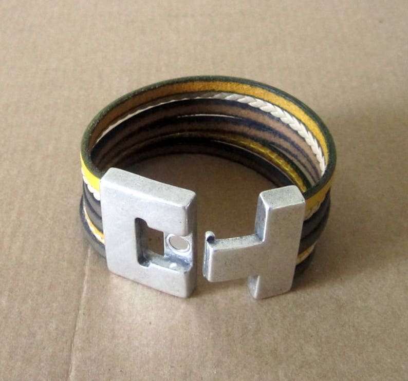 for women and men Leather cuff yellow and taupe braided Khaki