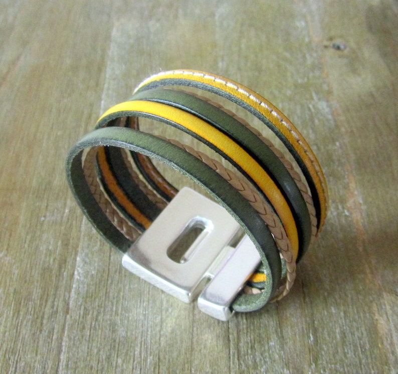 for women and men Leather cuff yellow and taupe braided Khaki