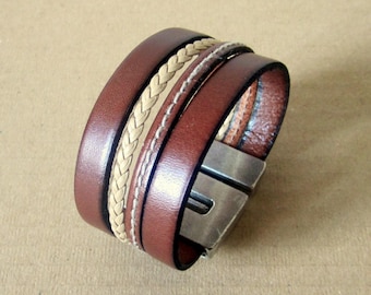 Men's brown and taupe leather bracelet, gift for men